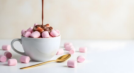Hot Chocolate with Marshmallows Poured Into a White Cup on a Clean White Surface
