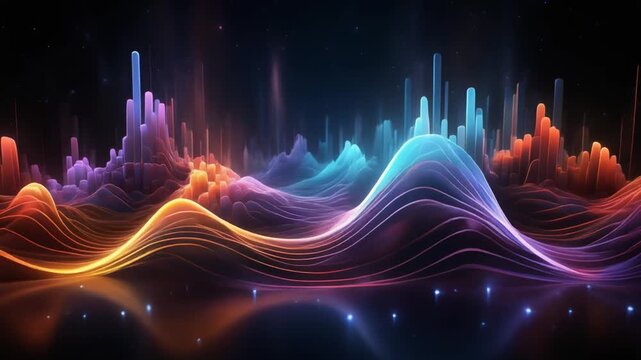 Vibrant abstract waves and bar graphs illuminated in a dark environment viewed from a low angle