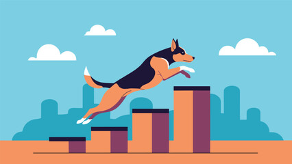 Fototapeta premium Energetic dog leaping over rising bar chart columns symbolizing business growth success and overcoming obstacles in a professional setting.