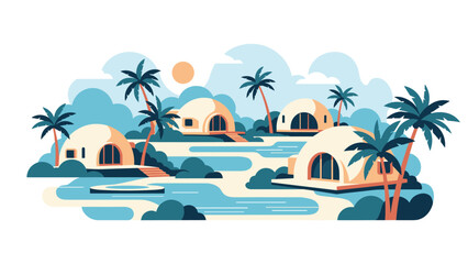 Obraz premium Luxury tropical resort featuring several futuristic white dome houses nestled among palm trees and blue swimming pools.