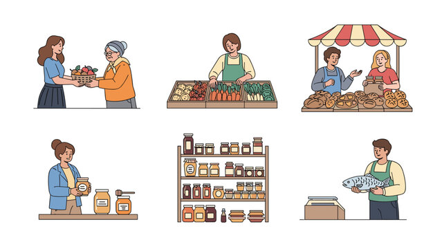 Assorted scenes of local commerce featuring people buying and selling fresh produce fish bread and jarred goods at different market stalls.