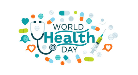 World Health Day celebration with medical symbols and health-related items, promoting global well-being and healthcare awareness