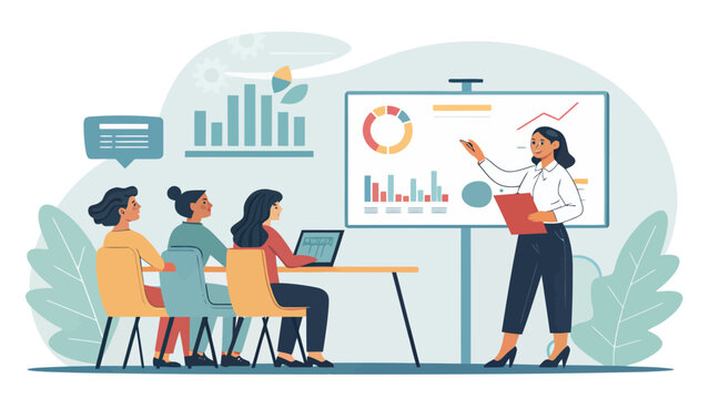 Businesswoman presenting data analysis to colleagues in modern office