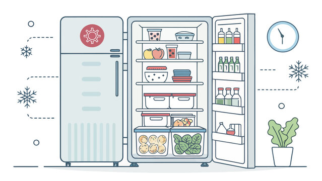 Modern refrigerator with food and drinks inside, open door showing organized storage