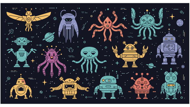Large collection of diverse robot and alien characters with various shapes and limbs set against a dark starry space background.