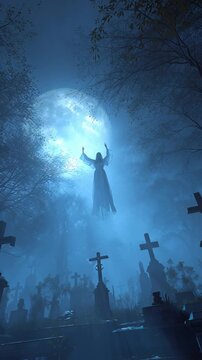A haunting banshee spirit floating silently above an ancient graveyard at night, her pale figure drifting through cold mist. A large glowing full moon hangs low in the sky behind her, casting silver