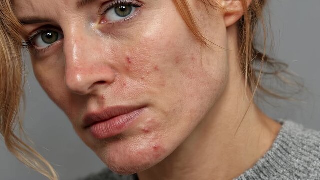Woman with acne on face in close up showing skin condition relevant to dermatology health concerns