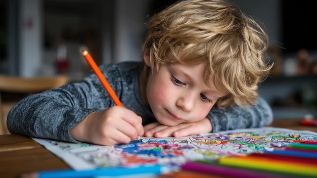 Young boy engages in creative activity by coloring with pencils on a worksheet indoors during the day