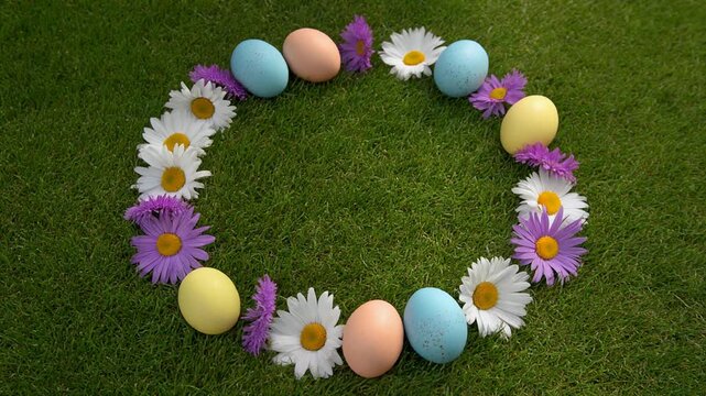 A Circular Wreath of Pastel-Colored Easter Eggs and Fresh White and Purple Daisies Arranged on Lush Green Grass to Create a Seasonal Spring Holiday Frame