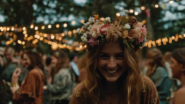 Joyful woman with flower crown enjoys gathering with friends during outdoor festival at night