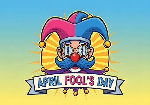 A colorful cartoon jester celebrates April Fool's Day with a banner