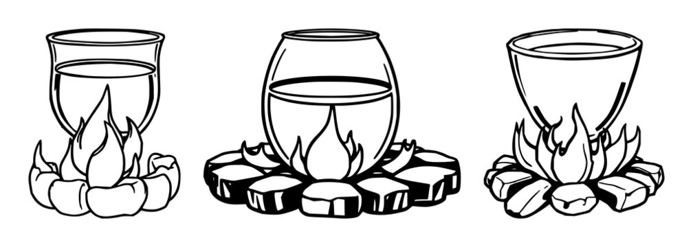 Black line art illustration of a glass crucible over a flame with detailed silhouette on white background &ndash; ideal for science, chemistry, laboratory