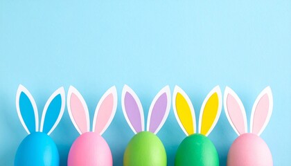 Top-Down View of Seven Pastel Easter Eggs Arranged in a Horizontal Row Against a Light Blue Background, with Five Eggs Featuring Whimsical Paper Bunny Ears in Coordinating Colors