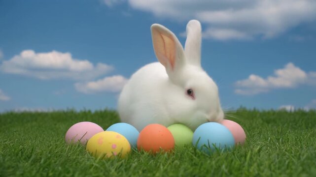 A Serene Video of a Fluffy White Easter Bunny Sitting on a Lush Green Lawn Behind a Row of Colorful Pastel Easter Eggs under a Bright Blue Sky with Soft White Clouds
