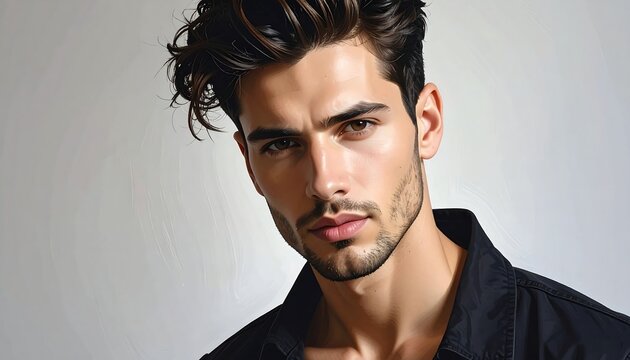 Intense Gaze of a Handsome Man with Dark Hair.