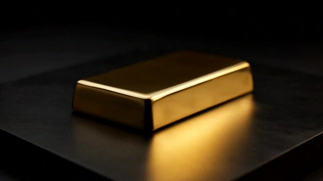 Gold bullion bar reflecting light on a dark, minimalist background symbolizes wealth and investment.