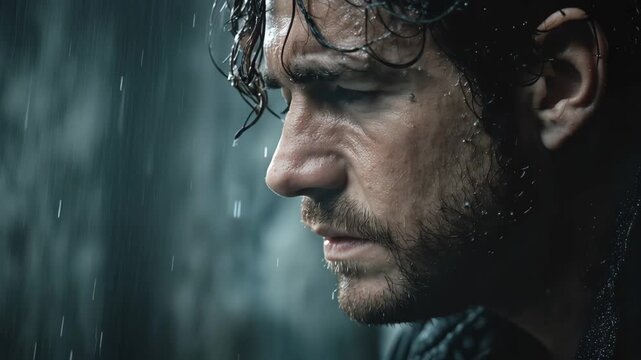 Man sitting alone in rain showing signs of emotional pain during a gloomy day