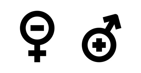 Fototapeta premium Iconic representation of male and female gender symbols, one with a plus sign, the other with a minus sign, on a transparent background.