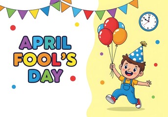 Obraz premium A cheerful cartoon boy celebrates April Fool's Day with colorful balloons and banners