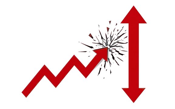 Red arrow plunges downward shattering at peaksymbolizing sharp