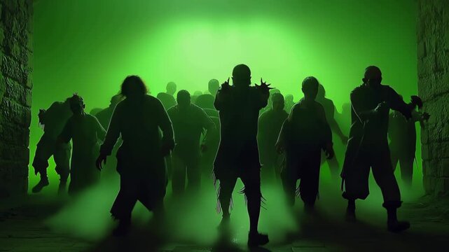Group of zombies walk forward on a green screen background during a scene setup for a horror production