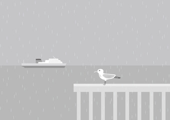 霧雨と水平線とカモメ