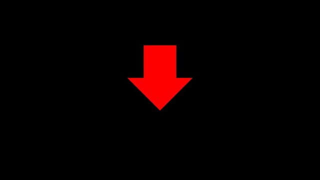 Animated red down indicator arrow with trail on alpha channel background. Abstract red down indicator arrow icon animation