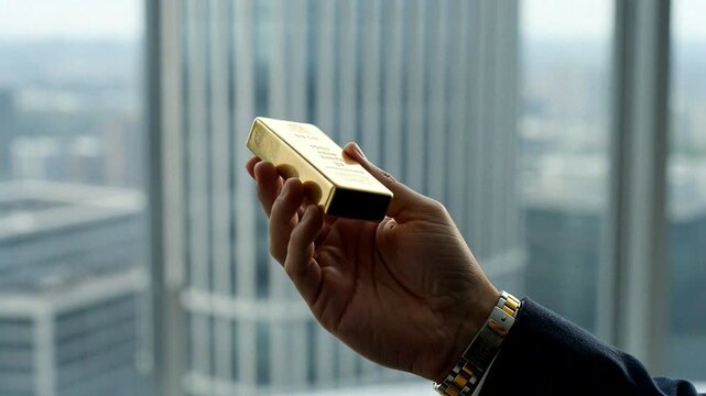 Showcasing a gold bar in an elegant business setting, symbolizing wealth and investment opportunities.