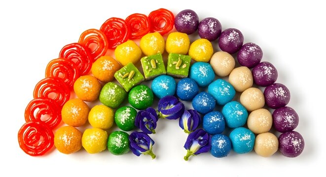 Festive Eid sweets composition creating smooth rainbow color transition