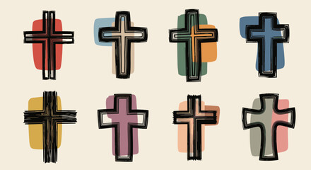 Fototapeta premium A set of colorful and stylized crosses in modern outline vector style, ideal for religious and spiritual designs