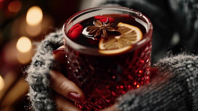 Woman holds a glass of warm mulled wine while enjoying a cozy evening in a festive setting