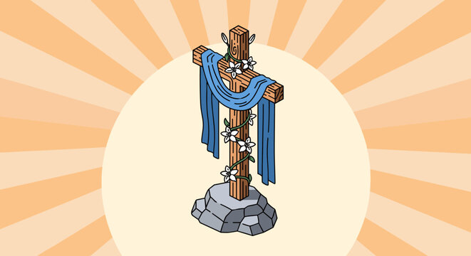 A wooden cross adorned with blue fabric and flowers, in a colorful vector style, ideal for religious or Easter-themed designs
