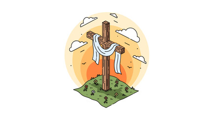 Fototapeta premium A wooden cross with draped cloth on a small hill surrounded by flowers in a vibrant sunset vector style, ideal for religious themes and spiritual projects