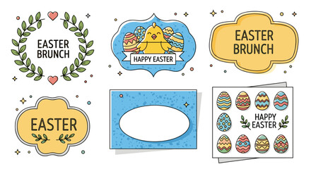 A collection of Easter-themed illustrations featuring eggs, chicks, and festive greetings in colorful vector style, perfect for holiday cards and decorations © vadymstock