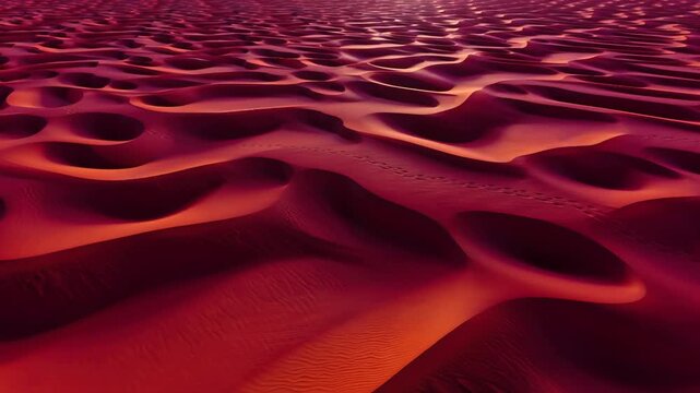 Sand dunes in sahara at golden hour long purple shadows stretch across orange dunes camera slowly pushes forward at ground level cinematic 8 seconds