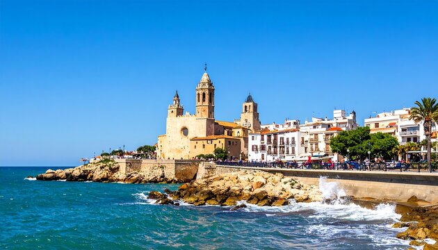 Picturesque Coastal Town of Sitges, Spain with Church.