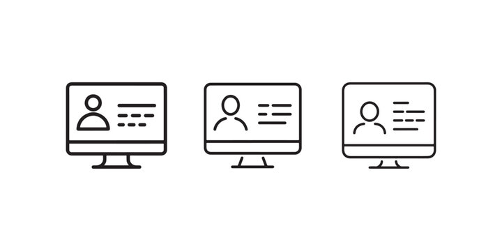 Online profile and digital account information vector icon set featuring computer monitor displays with user avatar and personal data text illustrations