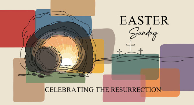 A colorful illustration of an Easter scene featuring a cave with sunrise and crosses in minimalist vector style, perfect for religious celebrations and holiday promotions