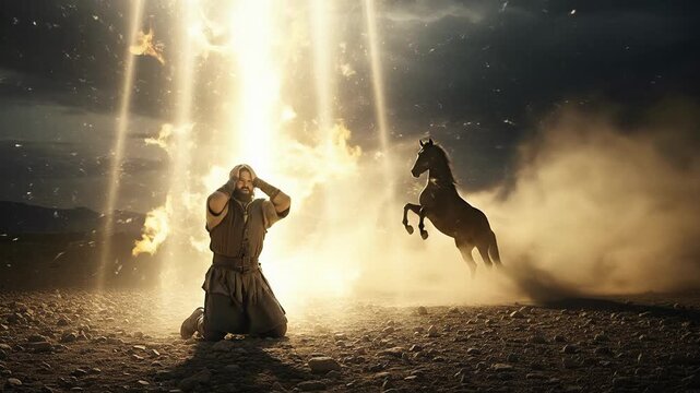 Paul Damascus road conversion dramatic scene with heavenly light rays striking Saul kneeling in desert as horse rears representing biblical transformation and divine intervention