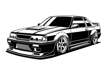 Obraz premium Custom Lowered Sports Sedan Car Vector Silhouette Black and White Illustration