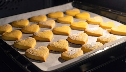 Heart shaped cookies on baking tray.