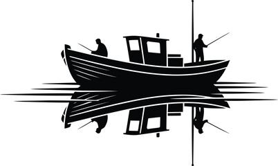 Naklejka premium Fishermen Sailing Boat on Water Silhouette