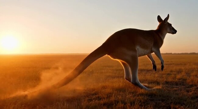 Kangaroo jumping in a vast grassland at sunset, cinematic, slow motion, dust flying, warm golden hour feel