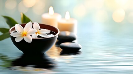 A serene arrangement featuring flowers and candles reflected on calm water