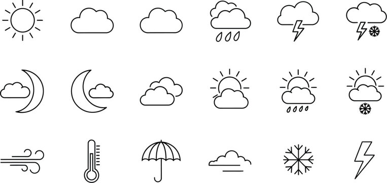Minimalist black line art vector graphic illustration set featuring various essential weather condition forecast icons for application design