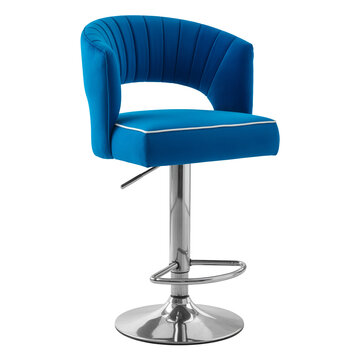 Neon Blue Velvet Barstool with Chrome Pedestal on Transparent Background