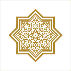 Golden Islamic geometric eight-pointed star arabesque mandala vector ornament.