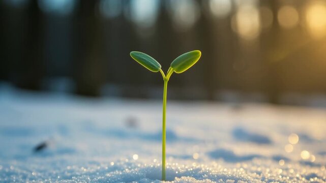 dramatic timelapse of green sprout emerging through melting snow perfect for spring rebirth and growth backgrounds
