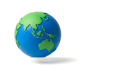 Obraz premium Handmade clay Earth with continents and oceans, floating educational illustration on white background, perfect for geography learning, web design and banners.