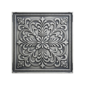Distressed Silver Tin Ceiling Panel with Ornamental Floral Relief Transparent Background